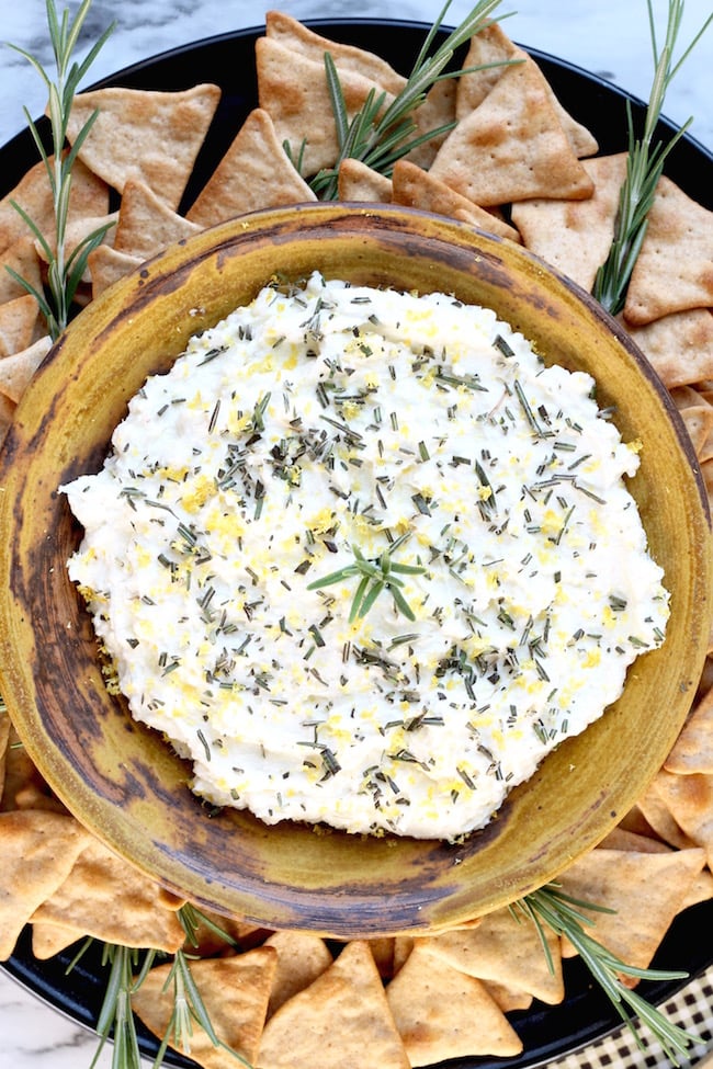 Whipped Feta Spread with lemon garlic and rosemary served with pita chips