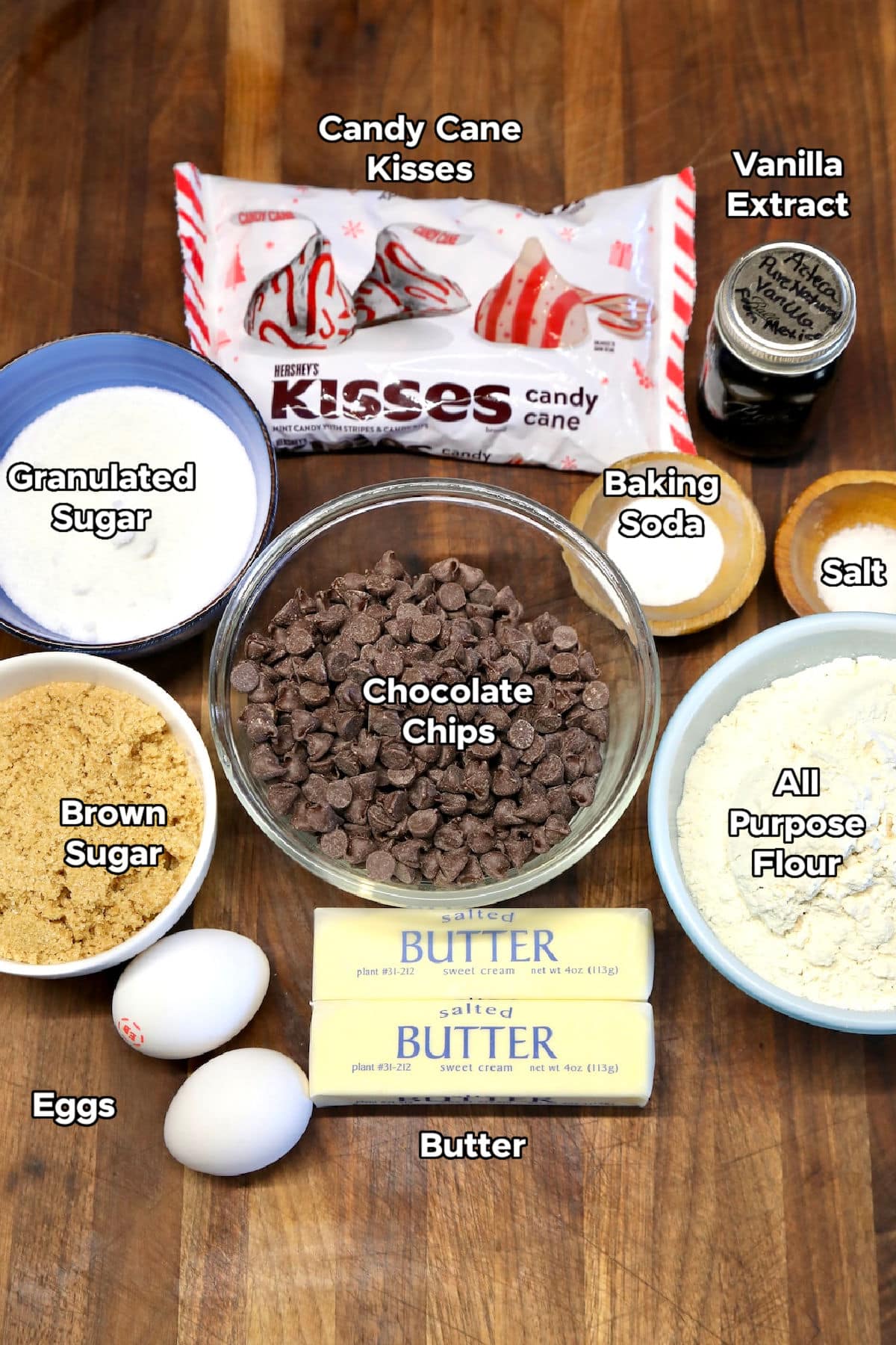 Ingredients for peppermint chocolate chip cookies.
