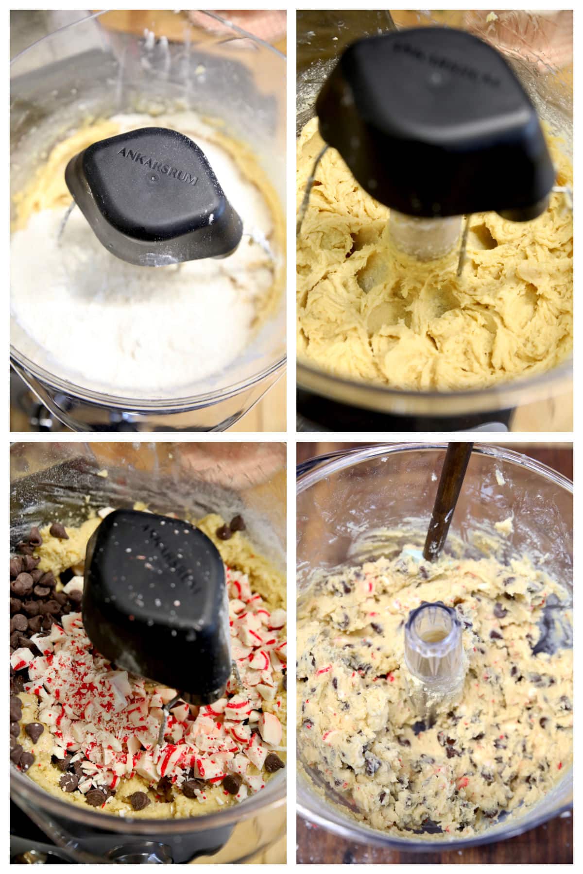 Making cookie dough with chocolate chips and chopped peppermint candies.