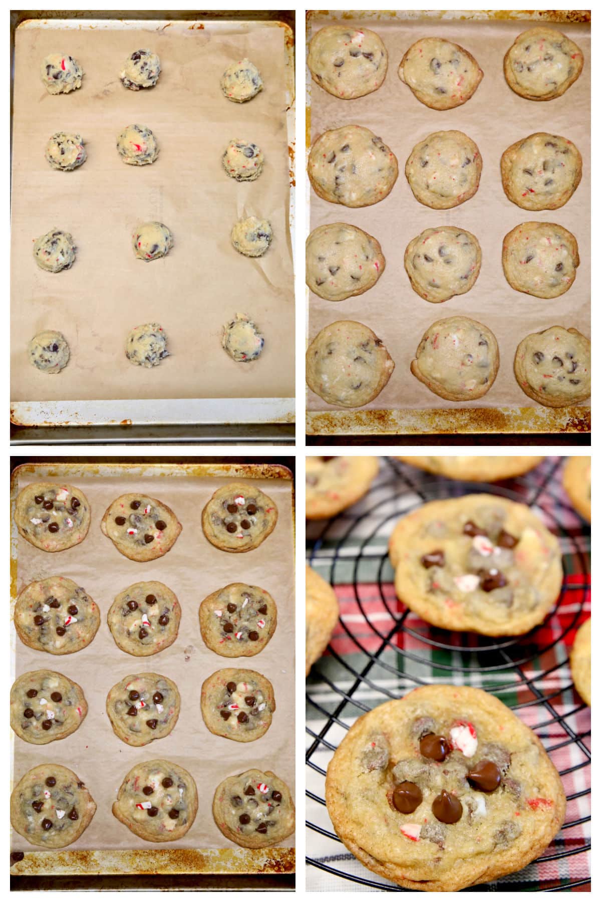 Collage scooping, baking cooling chocolate chip cookies.