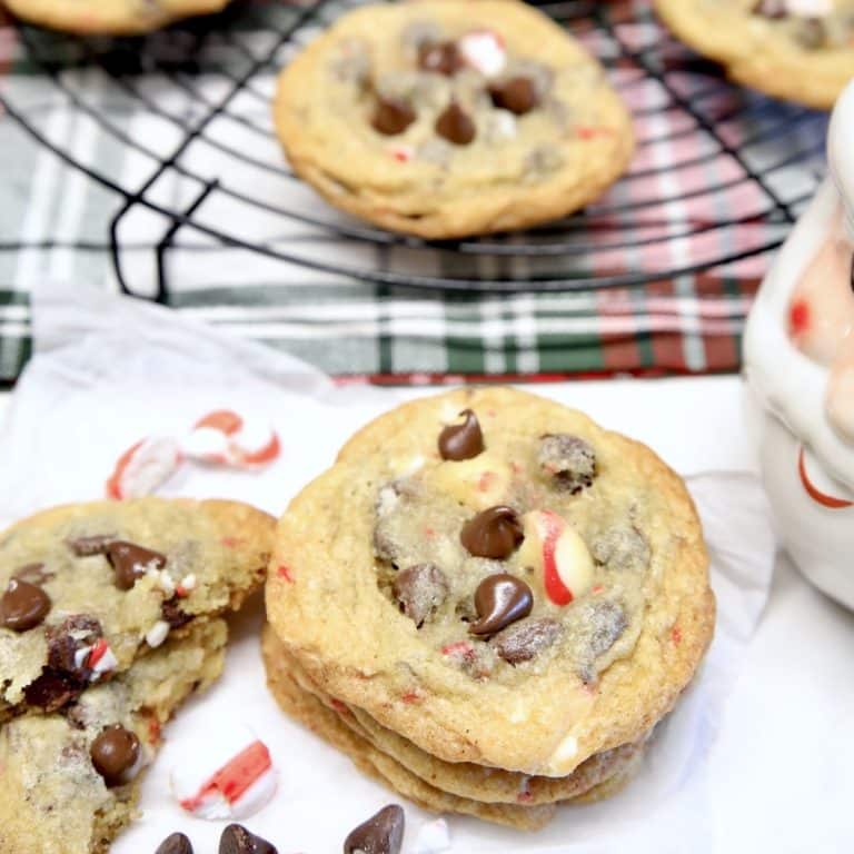 Chocolate chip cookies with peppermint kisses.