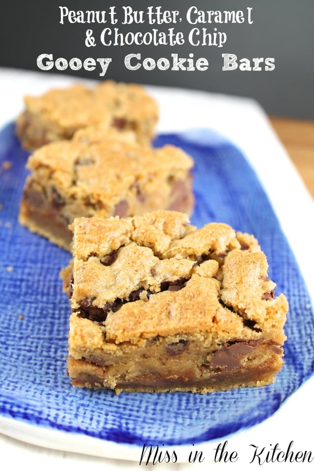 Peanut Butter, Caramel & Chocolate Chip Gooey Cookie Bars from Miss in the Kitchen