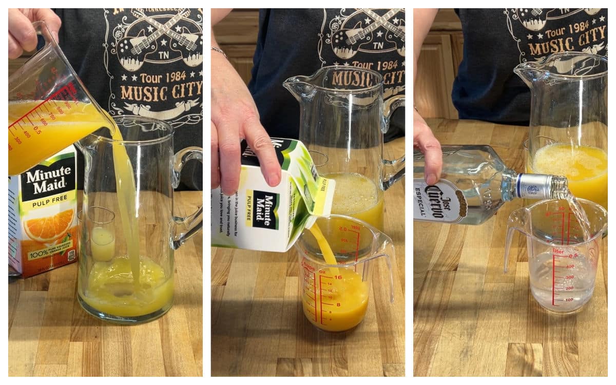 Making pineapple margaritas in a pitcher.