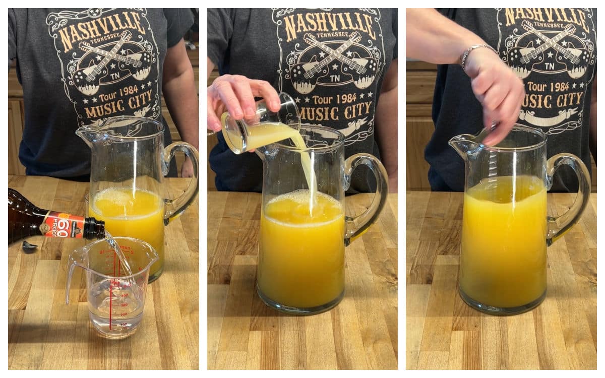 Making pineapple margaritas with triple sec and lime juice.