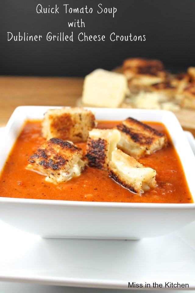 Quick Tomato Soup with Dubliner Grilled Cheese Croutons from Miss in the Kitchen