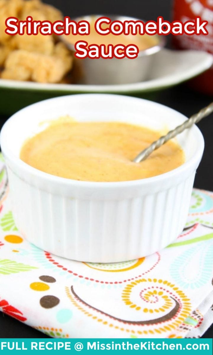 Sriracha Dipping Sauce in a bowl -text overlay