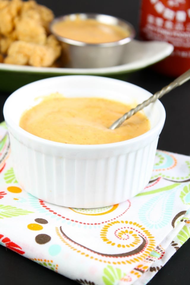 Bowl of dipping sauce made with mayo, dijon and sriracha