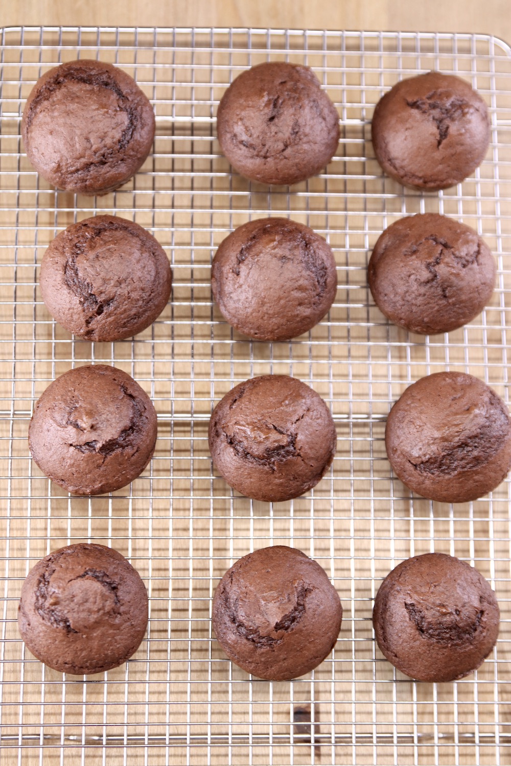 wire rack of a dozen chocolate cupcakes