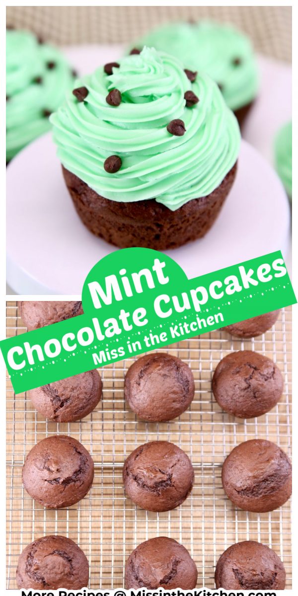 Chocolate cupcakes with mint icing collage over cupcakes on a wire rack