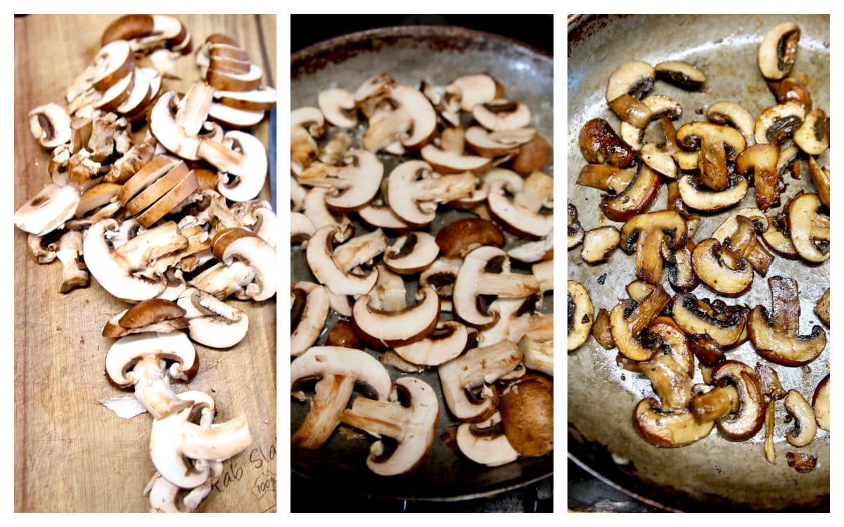 Collage: sliced mushrooms, cooking in a skillet, sauteed.