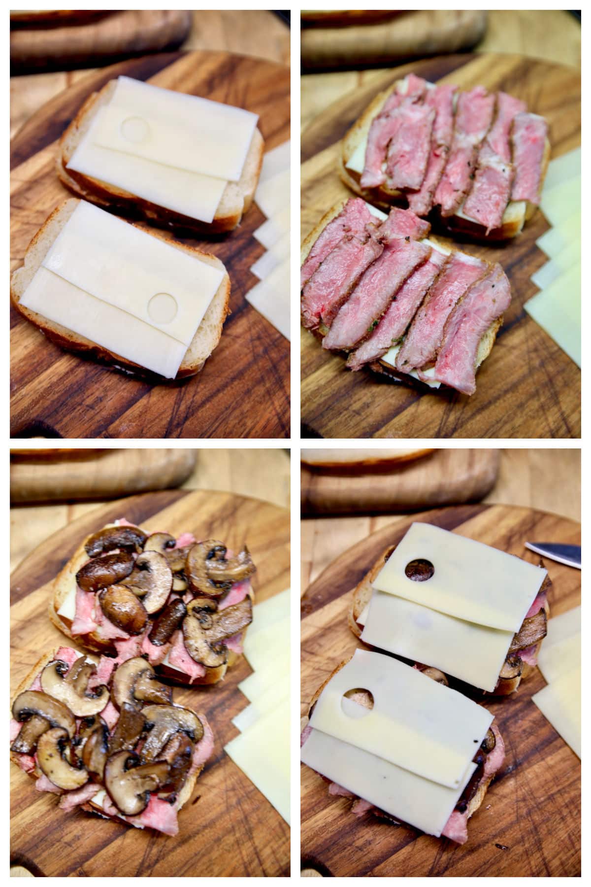 Collage: sandwich with swiss, steak, mushrooms, swiss.