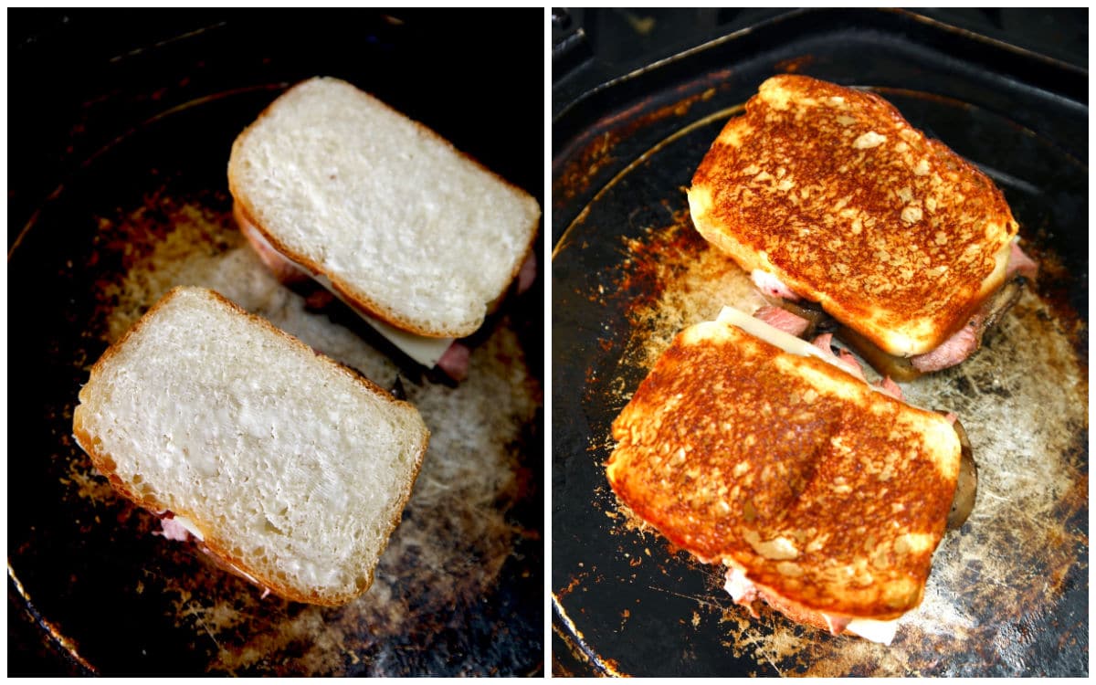 Griddle cooking grilled cheese sandwiches.