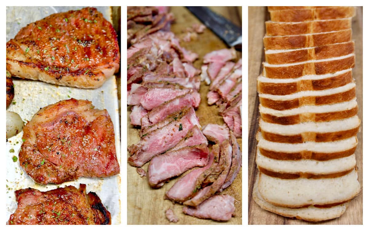 Collage: steak, sliced, sliced bread.