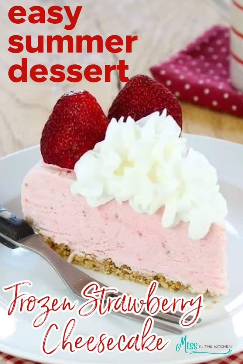 Slice of frozen strawberry cheesecake.