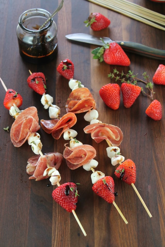 Strawberry, Mozzarella & Salami Skewers with Balsamic Glaze from Miss in the Kitchen