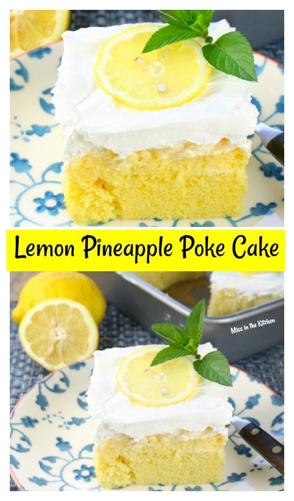 Lemon Pineapple Poke Cake with Cool Whip and a Lemon Slice