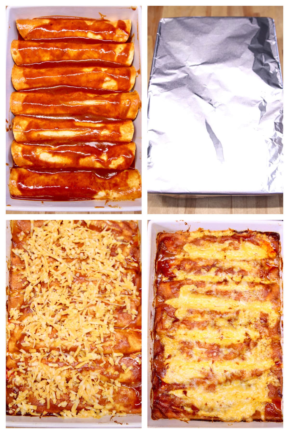 collage baking chicken enchiladas with red sauce.