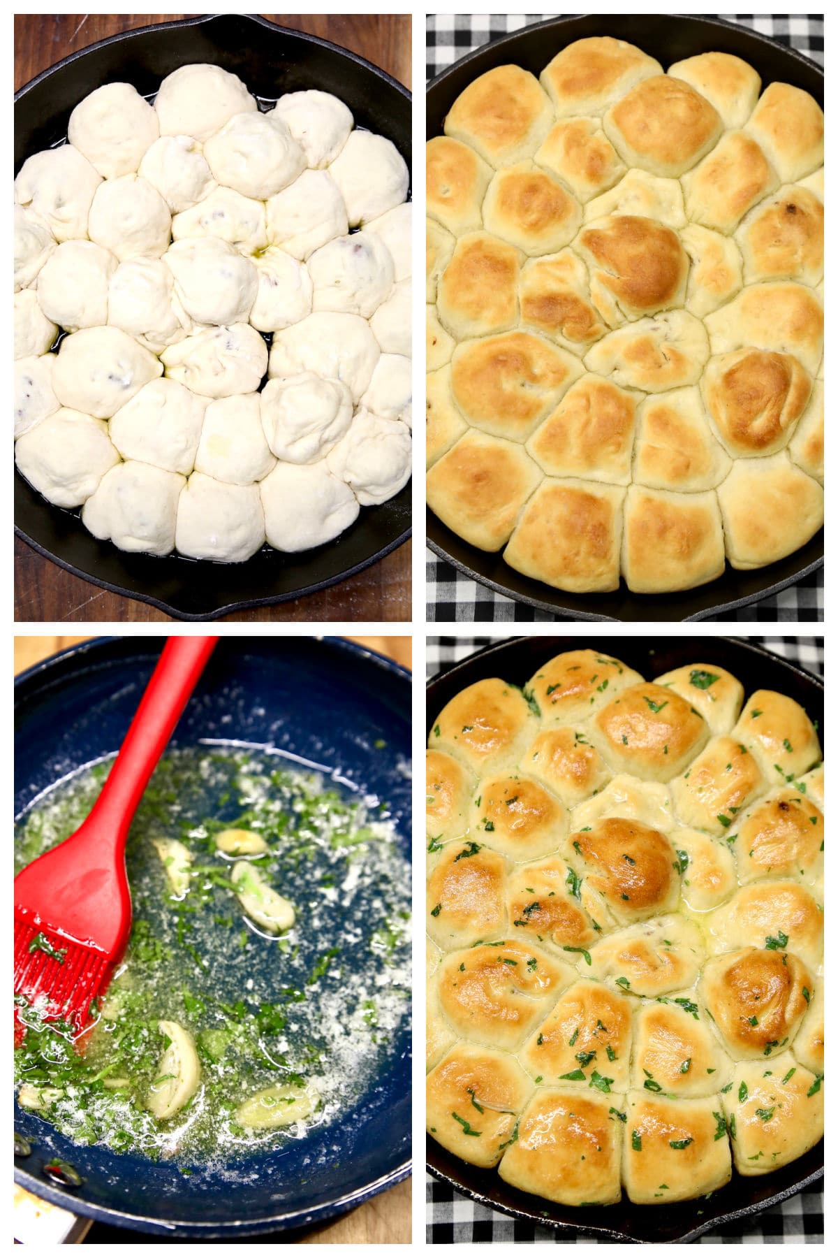 Collage meatball poppers in a skillet, baked, brushed with garlic butter.
