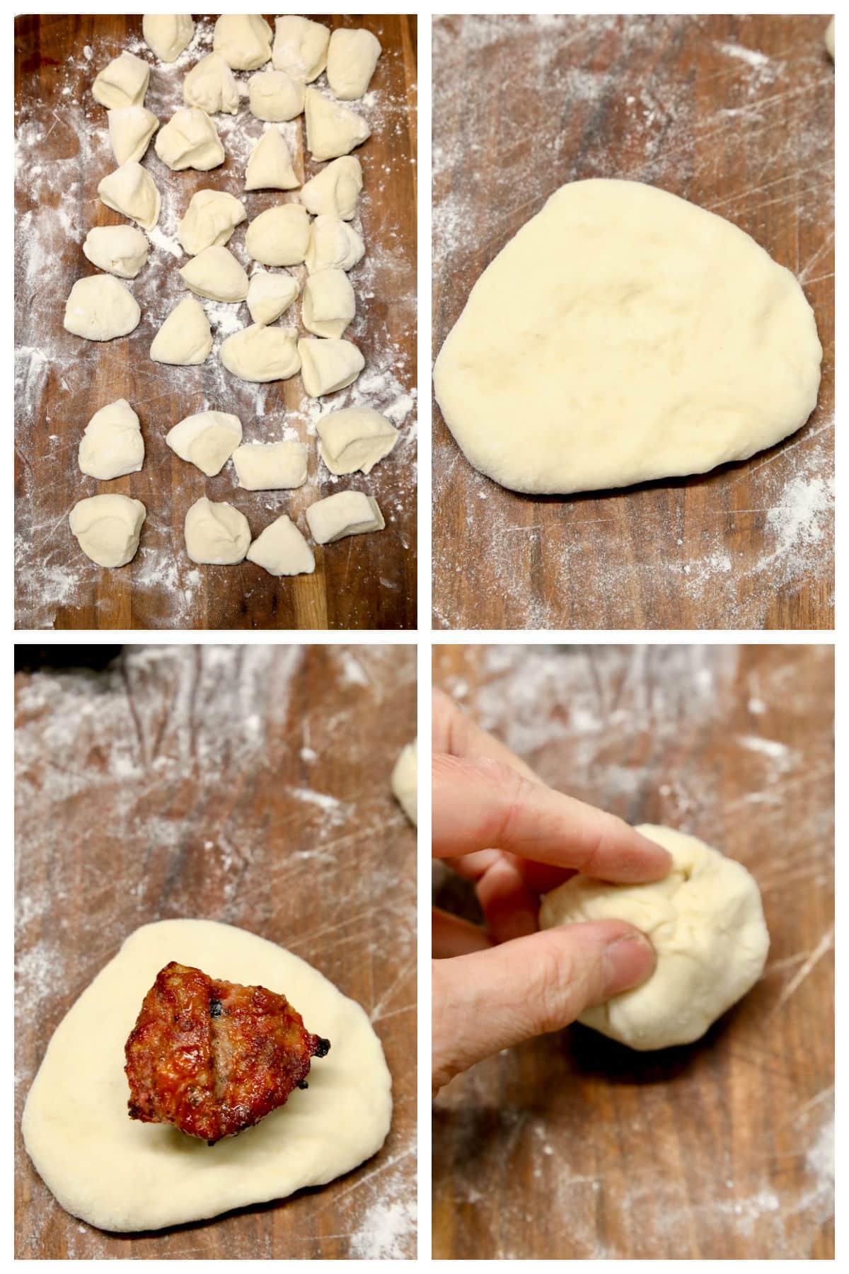 Pizza dough divided/ wrapped around meatballs.