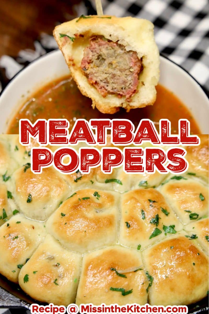 Meatball Poppers collage: dipping in pizza sauce/in a skillet.