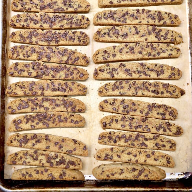 Sheet pan of chocolate chip biscotti.