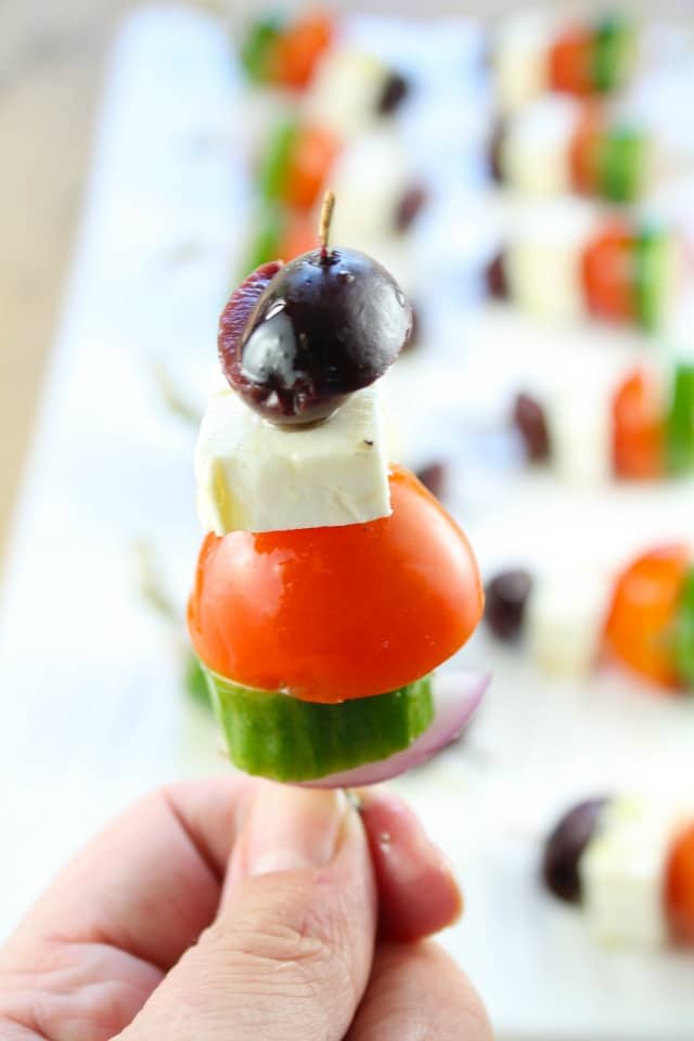 Greek Salad Skewers Appetizers from Miss in the Kitchen #ProgressiveEats