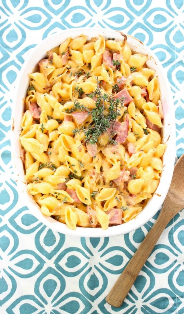 Ham and cheddar Pasta Bake in a casserole.