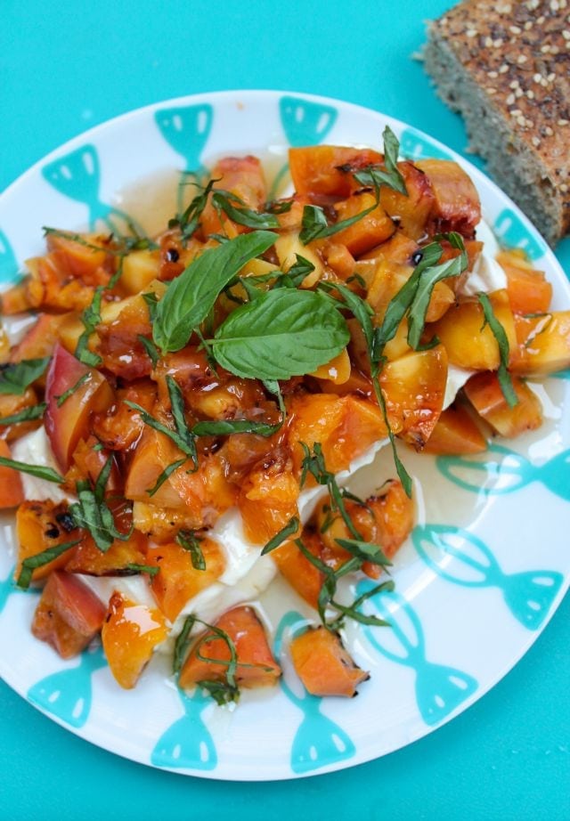 Grilled Peaches, Basil and Honey Appetizer Recipe from Miss in the Kitchen #ProgressiveEats