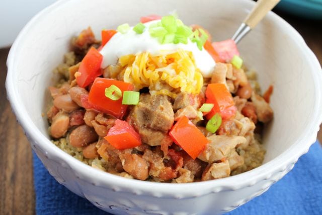 5 Ingredient Slow Cooker Mexican Chicken Burrito Bowl from Miss in the Kitchen