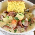 Cheesy Smoked Sausage and Idaho Potato Soup ~ Slow Cooker Recipe from missinthekitchen.com