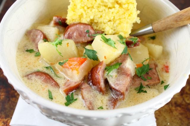 Slow Cooker Cheesy Sausage and Idaho Potato Soup Recipe from missinthekitchen.com
