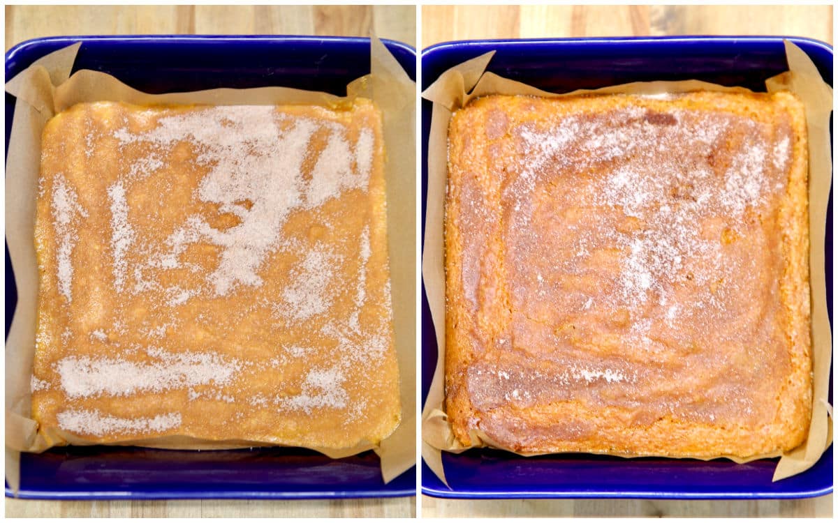 Snickerdoodle Snack cake collage: unbaked/baked.