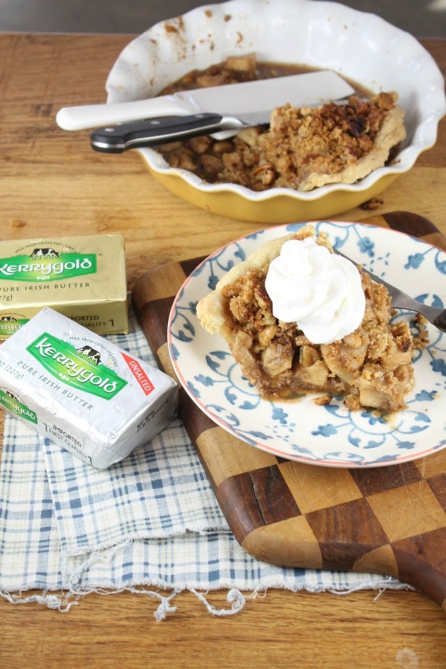  Pie dish and slice of apple pie on a plate with kerrygold butter