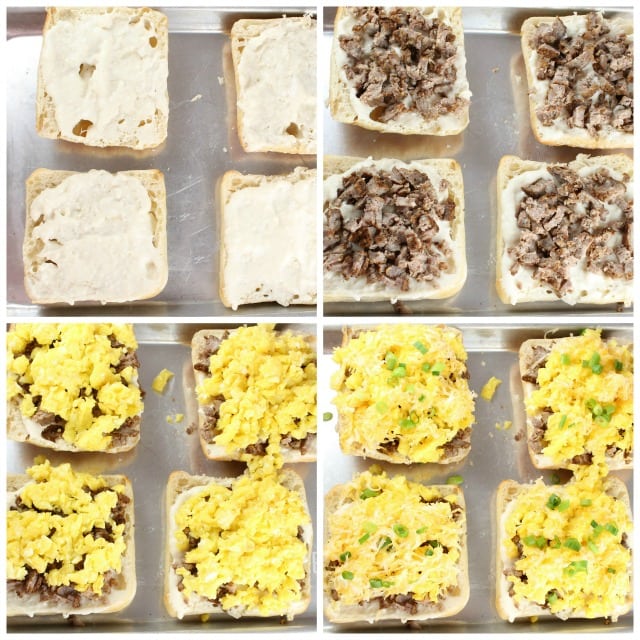 Assembling Ciabatta Breakfast Pizza with Blue Sky Family Farms Free Range and Pasture Raised Eggs ~ Recipe from MissintheKitchen.com 