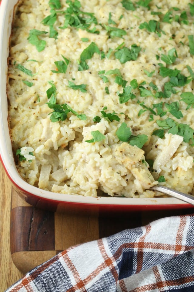 Chicken and Rice Casserole Recipe ~ Classic comfort food that the whole family will love. Recipe from MissintheKitchen.com