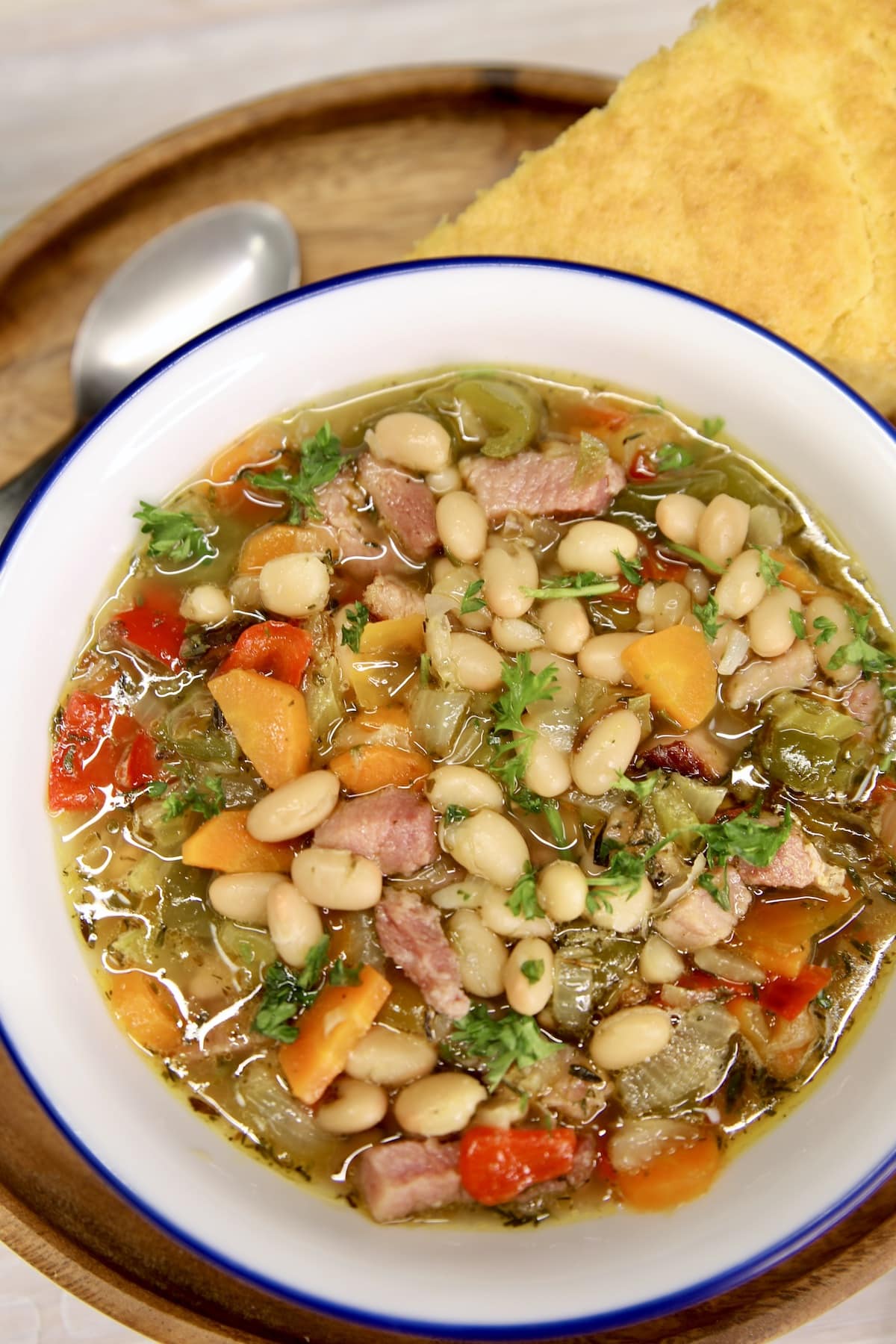 Closeup of bowl of ham and bean soup.