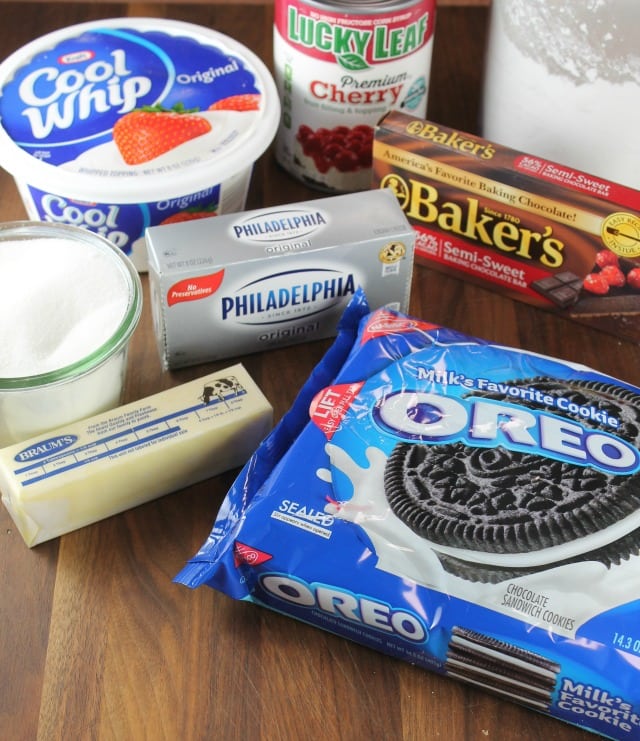 Ingredients for No Bake Chocolate Cherry Cheesecake Recipe from MissintheKitchen.com