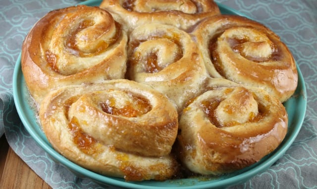 Peach Pie Cinnamon Rolls Recipe baked by Miss in the Kitchen