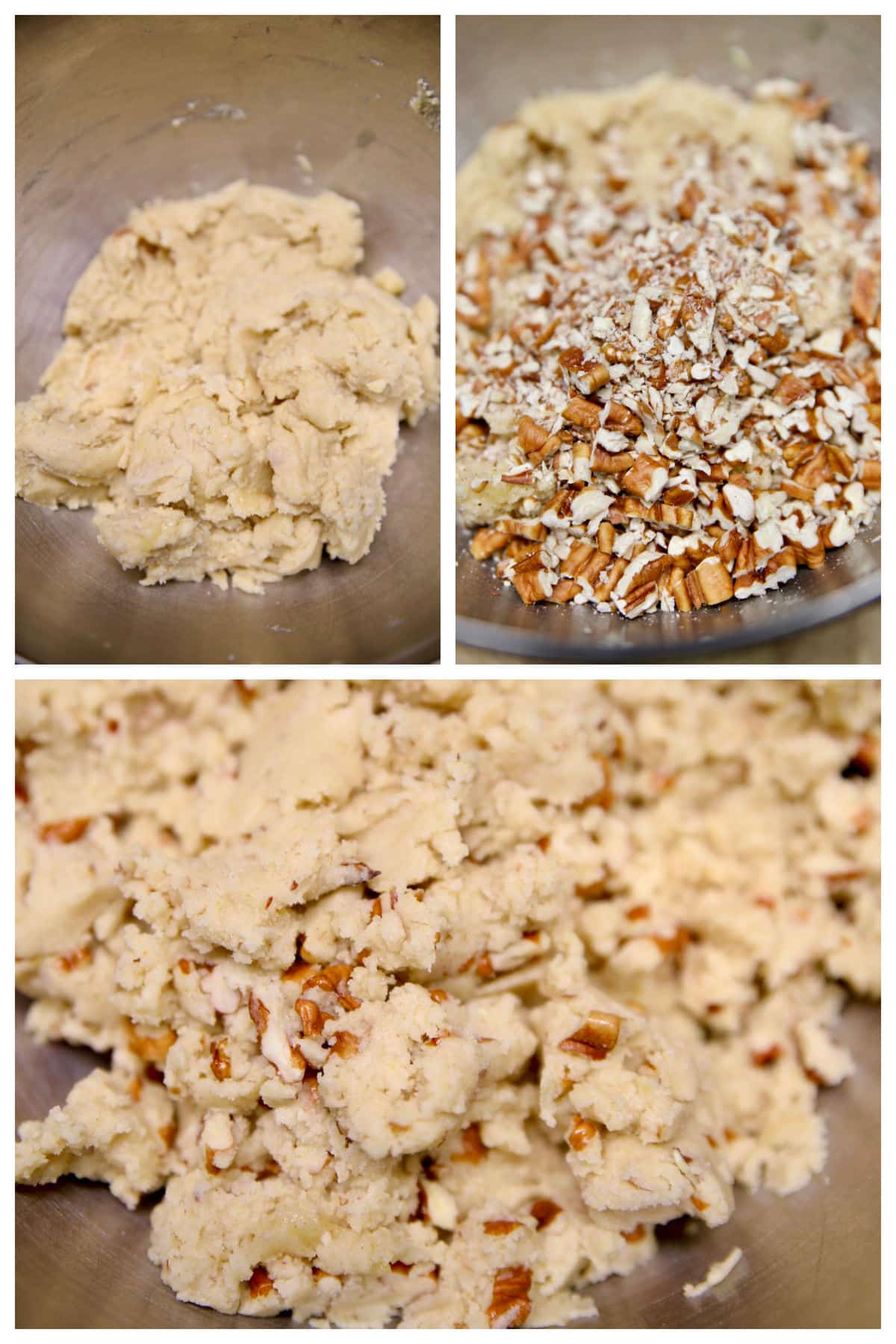 Collage folding pecans into cookie dough.