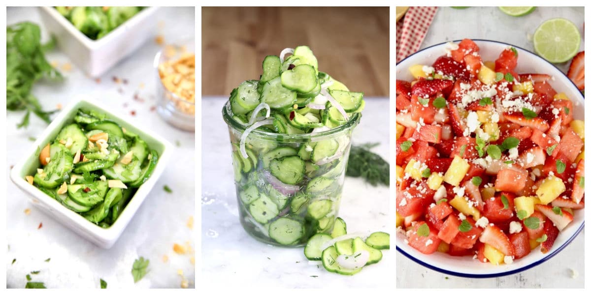 Collage of fresh salads.