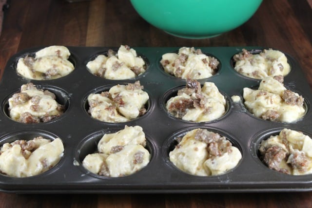 Sausage Monkey Bread Muffins ready for the oven ~ MissintheKitchen.com