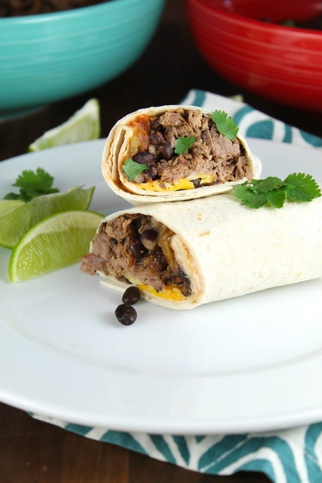 Slow Cooker Beef and Bean Burritos Recipe to feed a crowd from MissintheKitchen.com