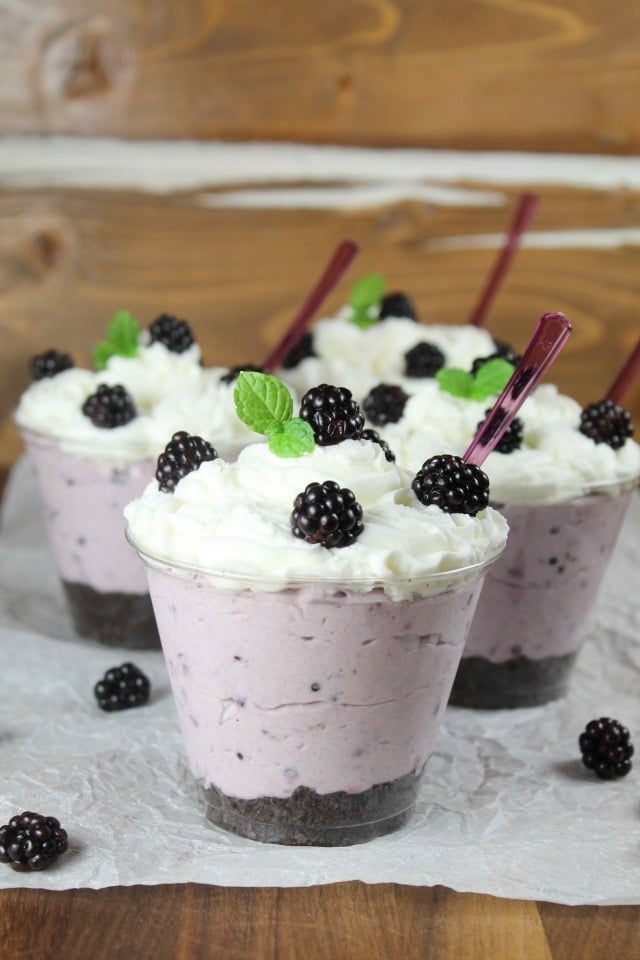 No Bake Blackberry Cheesecake Dessert for summer. Recipe from MissintheKitchen
