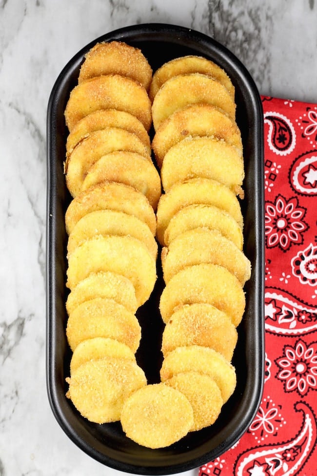 The Best Fried Squash with simple cornmeal coating #missinthekitchen #summersquash #comfortfood Tray of Fried Squash with cornmeal crust