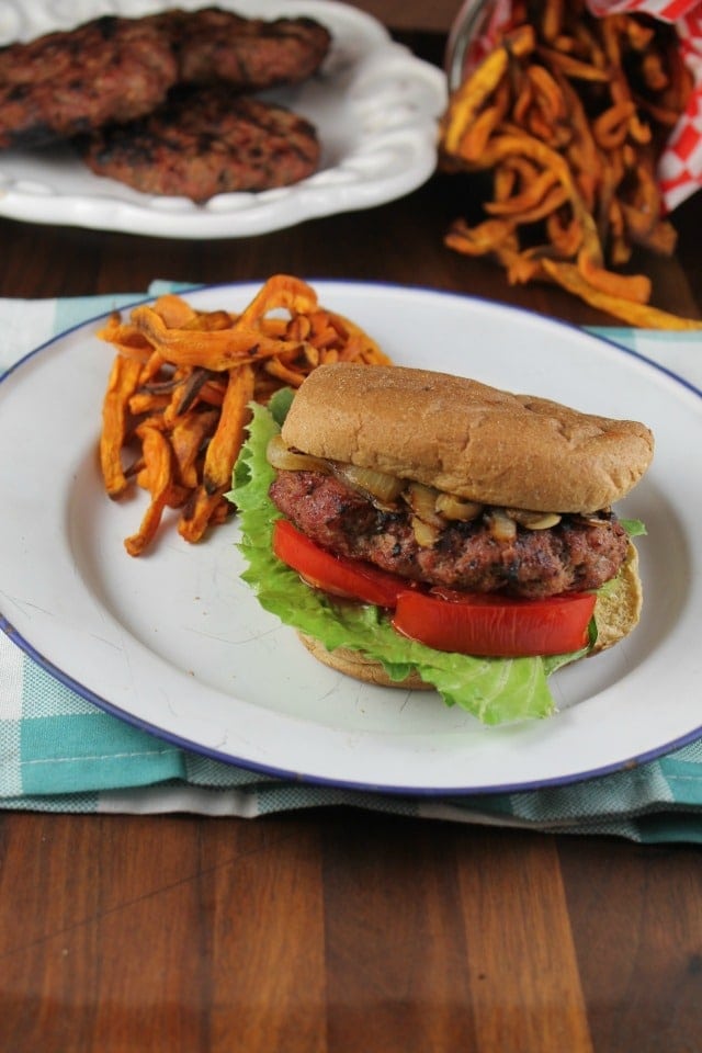 Grilled Burgers with Caramelized Onions Recipe from the TCHS Cookbook ~ MissintheKitchen.com