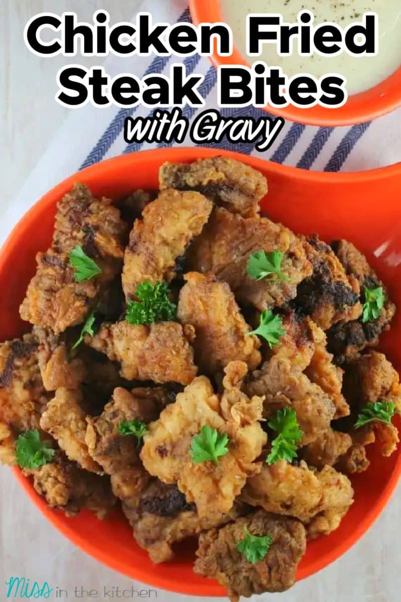 Bowl of Chicken fried steak fingers. Text overlay.