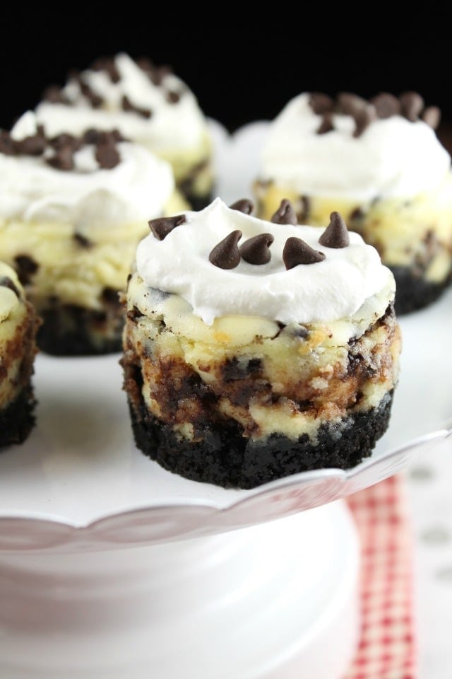 Mini Chocolate Chip Cheesecakes Recipe for the perfect bite- sized dessert! From MissintheKitchen.com