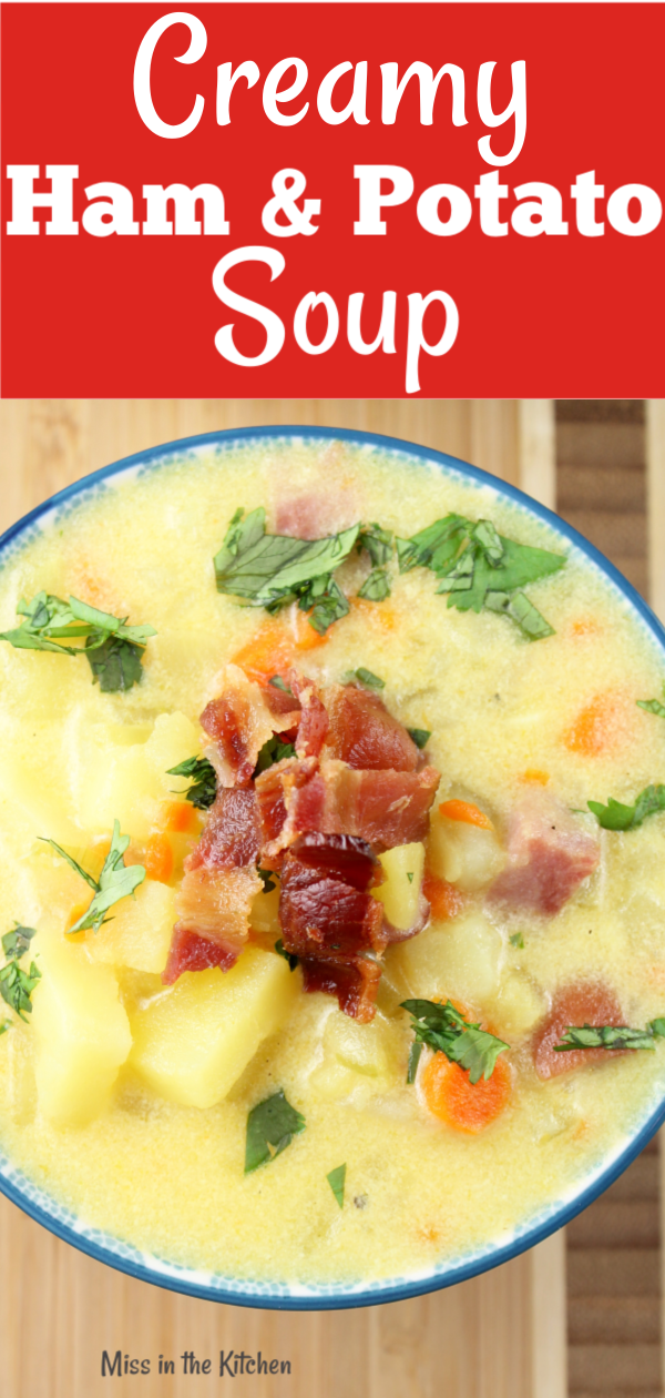 Creamy Ham & Potato Soup topped with bacon 
