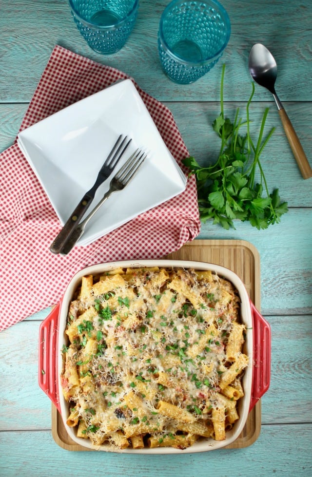 Cheesy Beef Rigatoni Recipe from MissintheKitchen.com