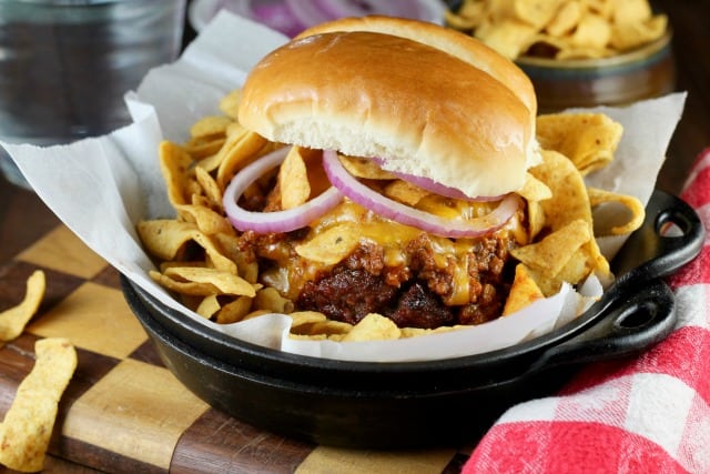 BurgerMonth~ Barbecue Frito Chili Pie Burger from MissintheKitchen.com 